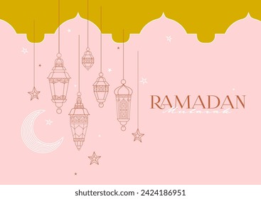 Vector Ramadan Mubarak premade card. A4 page size. Vintage banner for Ramadan wishing. Shining Arabic lanterns, arch, crescent. Islamic Holidays luxury pink background. Muslim feast of Ramadan month.