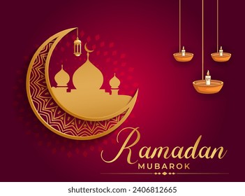 Vector ramadan mubarok islamic greetings card design with beautiful lanterns and mosque.