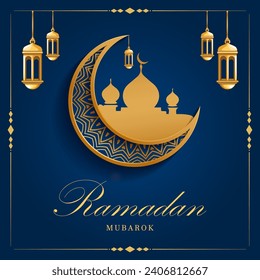 El vector ramadan mubarok diseño de tarjetas de saludos islámicos con hermosos farolillos y mezquita.