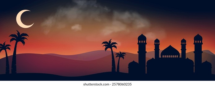 Vector Ramadan Night with twilight sky for Islamic religion Islamic greeting card with Dome Mosque Silhouette, Crescent moon on background.