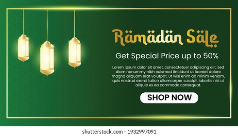 vector ramadan sale with lantern and golden color and green background