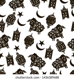 Vector Ramadan seamless background. Islamic holiday greeting card. Arabic lanterns, goats, lambs, crescent, stars. Islamic symbols.