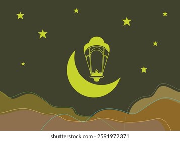 Vector ramadhan kareem moonlight and lamp in middle, vector illustration, greeting card design