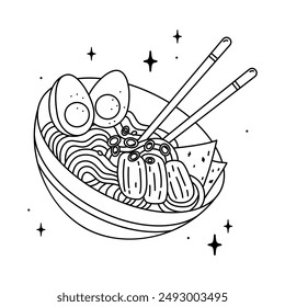 Vector ramen. Asian food concept. Japanese noodle. Line art.