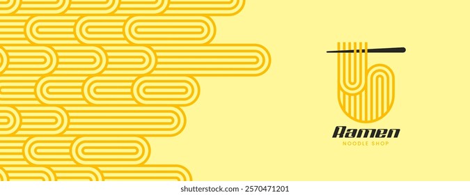 Vector ramen banner template, yellow instant noodle. Background with pasta seamless pattern. Spaghetti or oriental asian food with lines geometric ornaments. Poster with italian macaroni, chinese meal