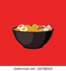 Vector Ramen Bowl, Black Bowl, Colorful Design Element, Noodles Illustration, Ramen Traditional Recipe Plate.