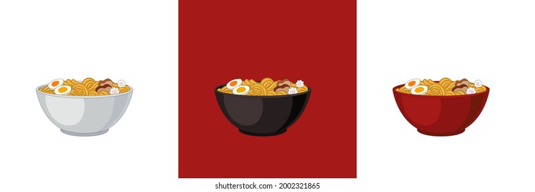 Vector Ramen Bowls, Red, Black, White Plates, Colorful Design Elements, Noodles Illustration,