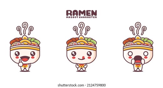 vector ramen cartoon illustration, Japanese traditional noodles, with different expressions, isolated on a white background.