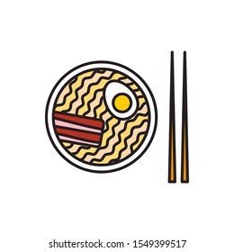 Vector ramen with egg and bacon icon. Flat illustration of ramen with egg and bacon isolated on white background. Icon vector illustration sign symbol.