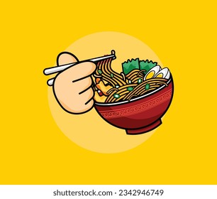 Vector Ramen noodle egg and meat with chopstick cartoon