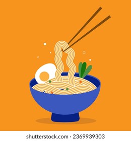 Vector ramen noodle in plate on orange background. Flat icon. Hot dish with pasta. Asian cuisine.