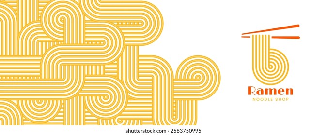 Vector ramen noodles banner template. Background with yellow pasta seamless pattern. Spaghetti or oriental asian food texture with lines geometric ornaments. Poster with italian macaroni, chinese meal