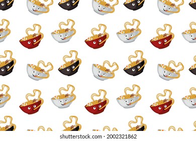 Vector Ramen Seamless Pattern Template, Red, Black and White Bowls, Cute Characters, Plates Eating Noodle.