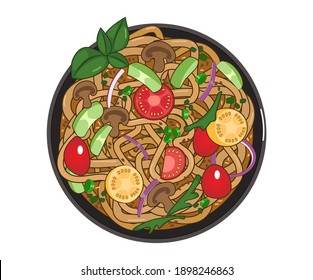 Vector Ramen with tomatoes, avocado and mushrooms