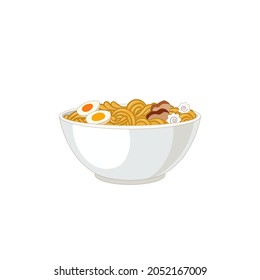 Vector Ramen in White Bowl Isolated on White Background, Noodles Illustration, Noodles with Eggs and Meat, Food Icon.