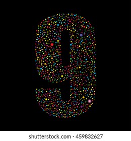 Vector random colored small dots, points, circles number - 9. Glitter type, alphabet, font.  Abstract white dotted template symbol numbers. Stylish sign or mark with randomly multicolor disposed spots