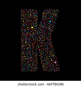 Vector random colored small dots, points, circles letter K. Glitter type, alphabet, font.  Abstract white dotted template symbol letters. Stylish sign or mark with multicolor randomly disposed spots.