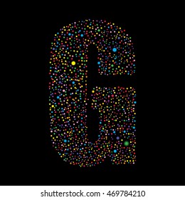 Vector random colored small dots, points, circles letter G. Glitter type, alphabet, font.  Abstract white dotted template symbol letters. Stylish sign or mark with multicolor randomly disposed spots.