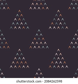 Vector random colorful small triangle in big shape seamless pattern on black background. Simple and minimal design. Use for cover, fabric, textile, interior decoration elements, upholstery, wrapping.