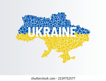 Vector random doted map of Ukraine. Dotted pixelated map of Ukraine in national blue and yellow colors of Flag of Ukraine. With text of English and Ukrainian languages.  For posters, postcard.