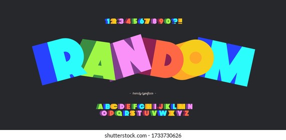 Vector random font 3d colorful bold style modern typography for decoration, logo, poster, t shirt, book, card, sale banner, printing on fabric, industrial. Cool typeface. Trendy alphabet. 10 eps