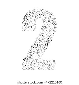 Vector random grey small dots, points, circles number - 2. Glitter type, alphabet, font.  Abstract white dotted template symbol numbers. Stylish sign or mark with randomly disposed spots.