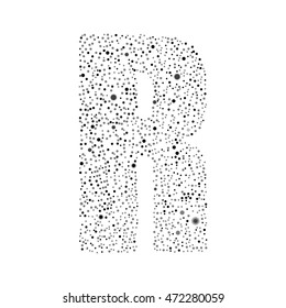 Vector random grey small dots, points, circles letter - R. Glitter type, alphabet, font.  Abstract white dotted template symbol letters. Stylish sign or mark with randomly disposed spots.