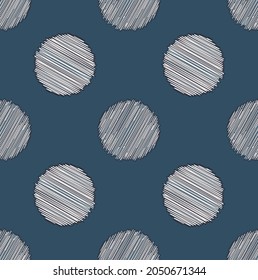 Vector random small line zig zag scribble in circle geometric shape seamless pattern background. Modern minimalist blue color design. Use for fabric, textile, interior decoration elements, upholstery.