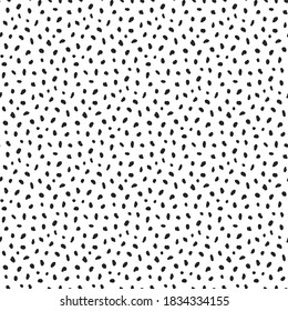 Vector random spot seamless pattern. Black dots texture background. Messy ink illustration. Can be used for web print, home decor, wrapping paper, wallpaper, invitation card, textile design.