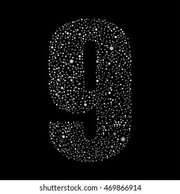 Vector random white small dots, points, circles number - 9. Glitter type, alphabet, font.  Abstract white dotted template symbol numbers. Stylish sign or mark with randomly disposed spots.