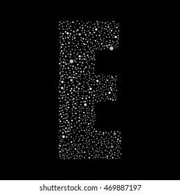 Vector random white small dots, points, circles letter - E. Glitter type, alphabet, font.  Abstract white dotted template symbol letters. Stylish sign or mark with randomly disposed spots.