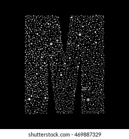 Vector random white small dots, points, circles letter - M. Glitter type, alphabet, font.  Abstract white dotted template symbol letters. Stylish sign or mark with randomly disposed spots.