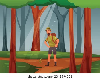 Vector rangers with man cartoon character observing tree seeds