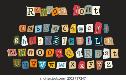 Vector ransom font isolated on black background. Diverse magazine cutout alphabet for collages and scrapbooking. Handmade typography type from newspaper. 