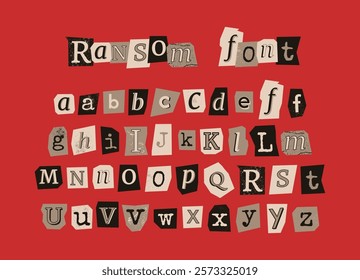 Vector ransom font isolated on red background. Diverse magazine cutout alphabet for collages and scrapbooking. Handmade typography type from newspaper