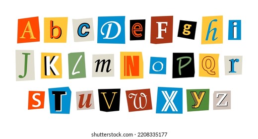 Vector ransom font. Letters cut-outs from newspaper or magazine. Character set. Criminal alphabet. Ransom colorful text.