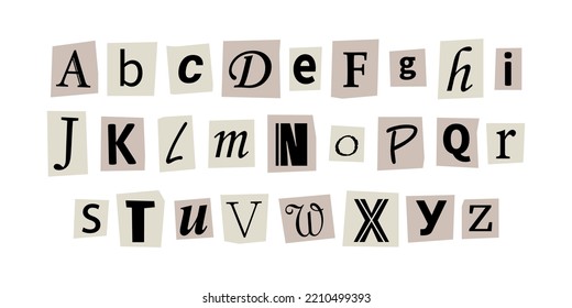 Vector ransom font. Letters cut-outs from newspaper. Character set. Criminal alphabet. Ransom black text on white paper.