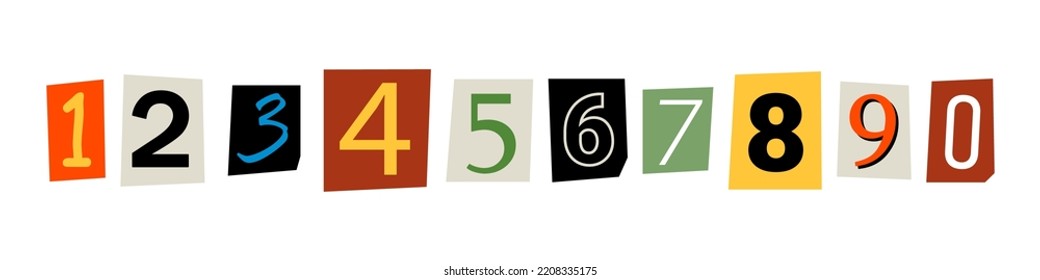 Vector ransom font. Numbers cutouts from newspaper or magazine. Criminal character set. Ransom colorful text. Numbers collection.