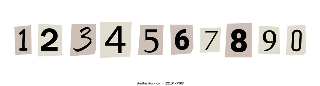 Vector ransom font. Numbers cuto-uts from newspaper. Criminal character set. Ransom black text on white paper. Numbers collection.