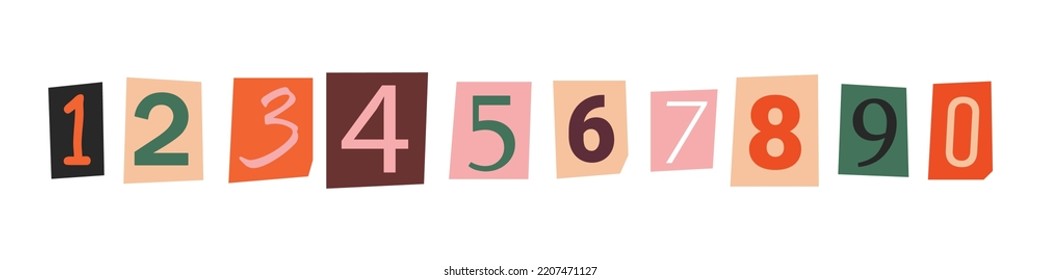 Vector ransom font in y2k style. Numbers cutouts from newspaper or magazine. Criminal character set. Retro ransom colorful text. Numbers collection.