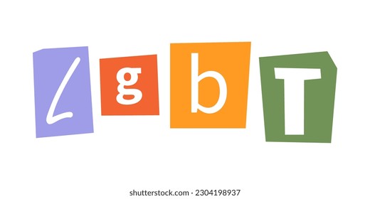 Vector ransom LGBT word in y2k style. LGBT quote. Letters cutouts from magazine. LGBT community criminal phrase. Retro ransom text in rainbow colors.