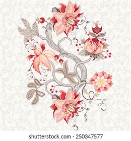 Vector rapport for ornament. Beautiful fantastic flower with leaves, tendrils and berries. Delicate seamless background. Motives of the paintings of vintage Indian fabrics. Tree of Life collection.