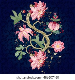 Vector Rapport For Ornament. Tree Of Life Collection. Fantastic Flower With Leaves, Tendrils And Berries. Dark Seamless Background. Motives Of The Paintings Of Vintage Indian Fabrics. 