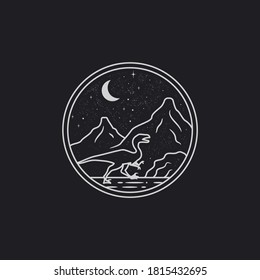 vector of raptor and mountain in the night mono line illustration. good for your logo, sticker, or merchandise usage.