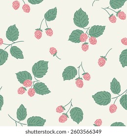 vector raspberries seamless pattern in delicate pastel color palette. Stylish illustrated berry repeat pattern design for baby textile or wallpaper.