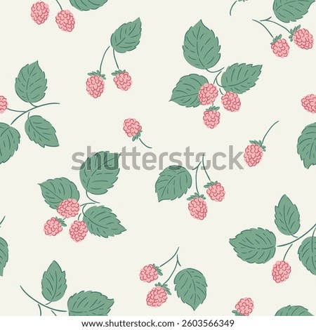 vector raspberries seamless pattern in delicate pastel color palette. Stylish illustrated berry repeat pattern design for baby textile or wallpaper.
