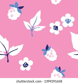 vector raspberry berry flower leaf cute childish illustration seamless pattern pink white