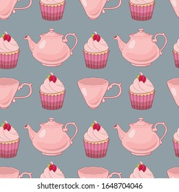 Vector raspberry cupcak and tea pot pattern