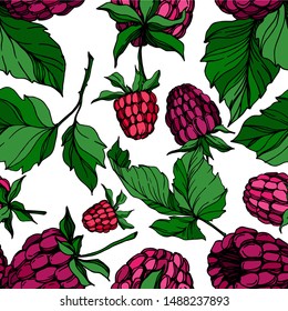 Vector Raspberry healthy food fresh berry isolated. Black and white engraved ink art. Seamless background pattern. Fabric wallpaper print texture.