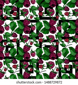 Vector Raspberry healthy food fresh berry isolated. Black and white engraved ink art. Seamless background pattern. Fabric wallpaper print texture.